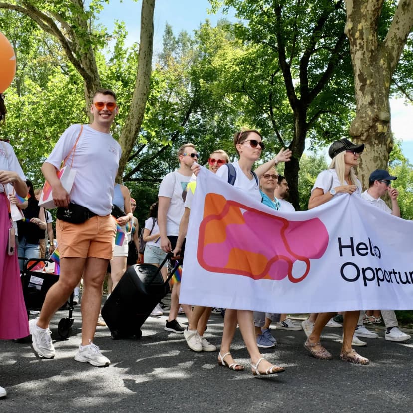 Community parade and public gathering celebrating opportunities